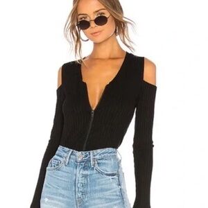 LNA Black Cold Shoulder Ribbed zip Top small